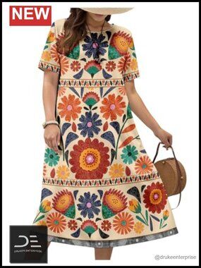 Plus Size Tropical Midi Dress Short Sleeve Crew Neck Vacation